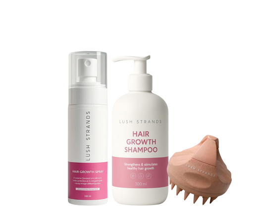 Lush Strands Complete Kit – Growth Spray, Shampoo & Scalp Massager